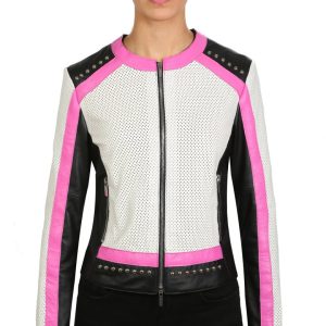 BIKER IN PELLE BIANCO-NERO-FUXIA
