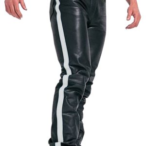 Pantalone da Uomo in Vera Pelle Nera con Striscia Laterale Bianca