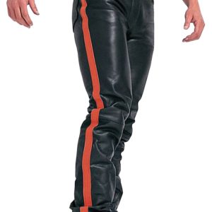 Pantalone da Uomo in Vera Pelle Nera con Striscia Laterale Rossa