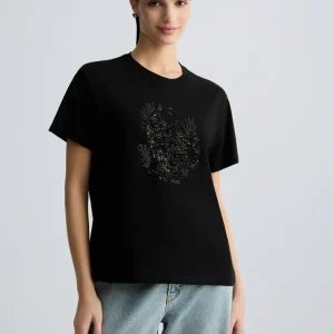 Liujo T-shirt in cotone con paillettes e strass WA5230JS904M9441