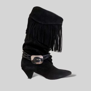 Stivale Donna alto con frange e accessorio scamosciato nero