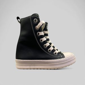 Sneaker donna alta in pelle nero con zip laterale