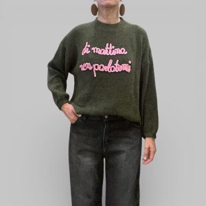 Maglia donna misto lana verde con frase