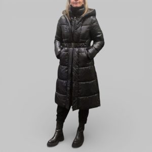 Piumino lungo donna cappuccio e cintura nero