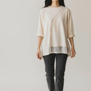 Maglia donna misto cotone inserti in maglia burro