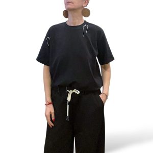 T-shirt donna lunga cotone nero con inserto bianco