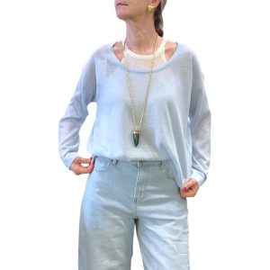 Maglia donna a scatola azzurro con canotta panna